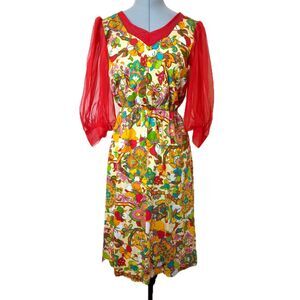 Vintage "Flower Power" 60s/70s Chiffon Sleeve Blouson Midi Dress, Size 8/10